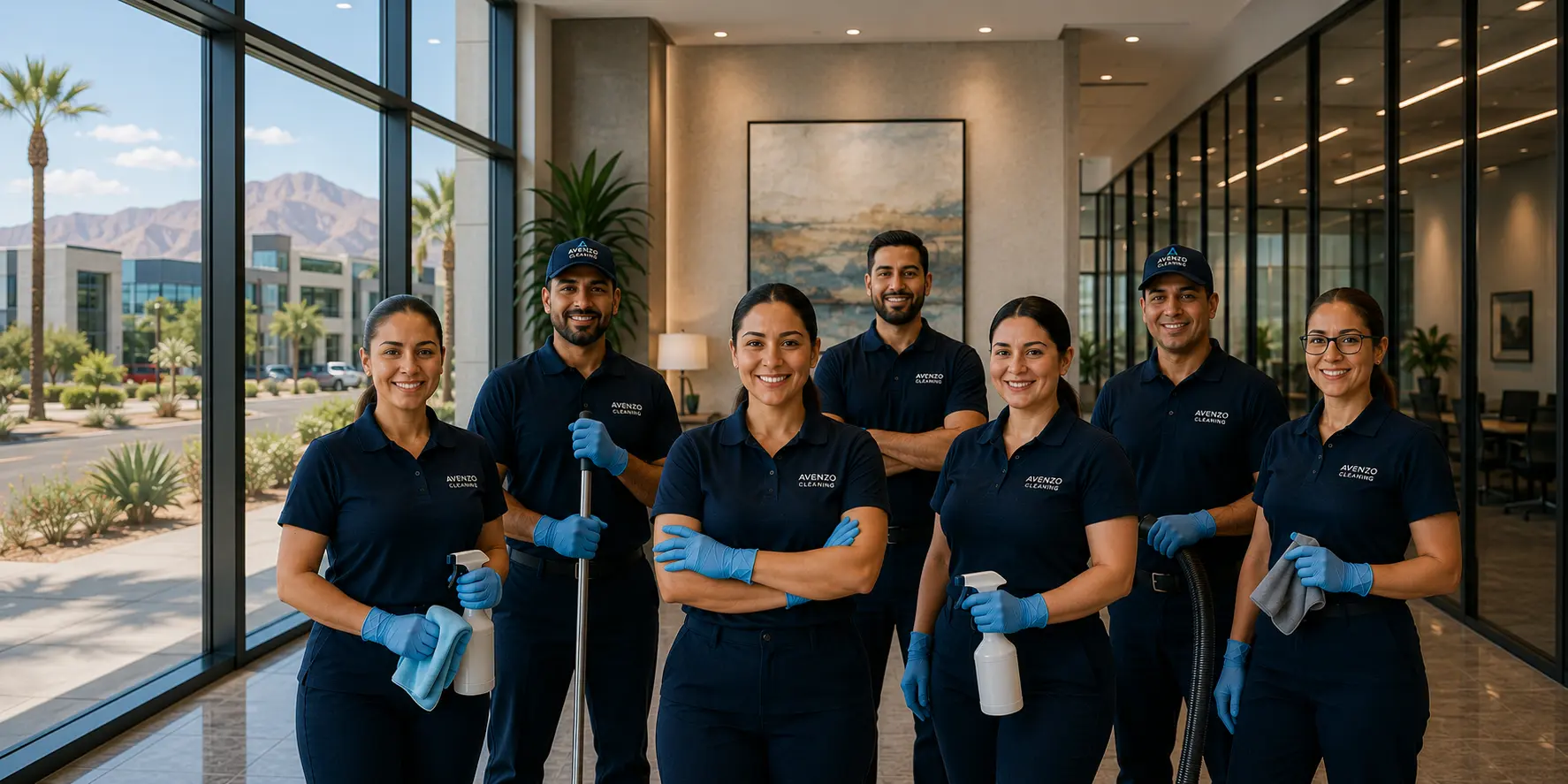 Avenzo cleaning team at work in a modern Las Vegas office
