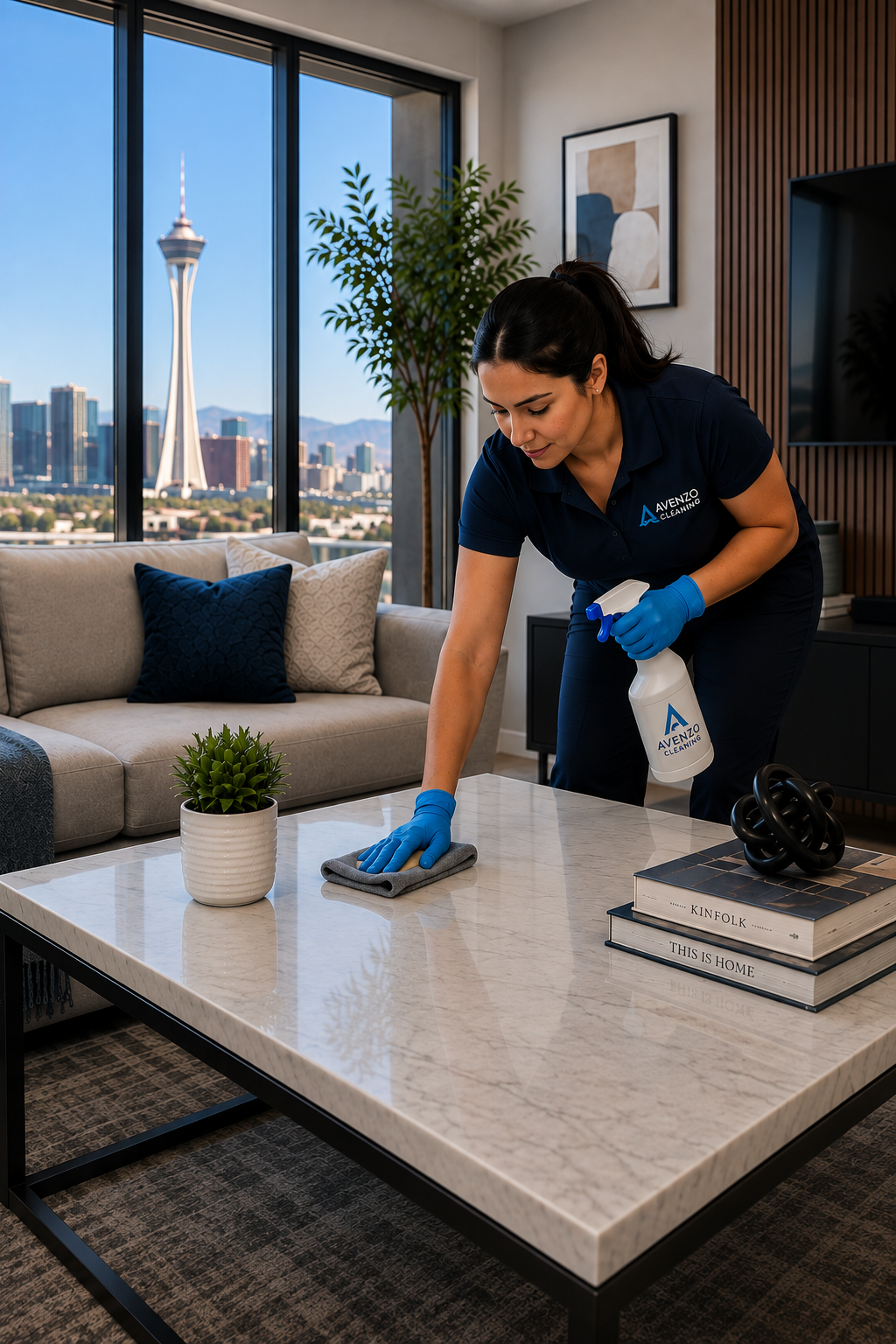 Avenzo Cleaning professional cleaner wiping a marble table in a modern Las Vegas high-rise with city views